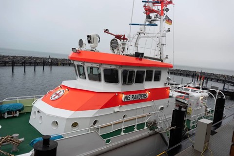 Sea rescue cruiser Nils Randers in the island harbour at the new Prerow pier, Mecklenburg-Western