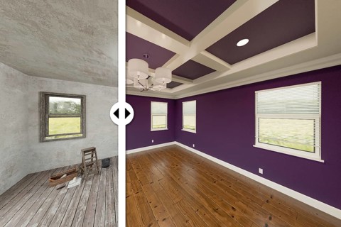 Before and after slider comparing the unfinished condition and the completed plum painted and