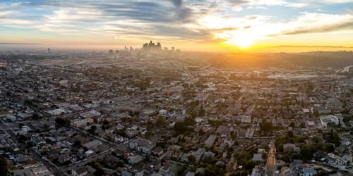 Los Angeles skyline aerial view downtown at sunset panorama in California in Los Angeles, USA,