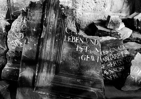 Broken sacred stone slabs, interior view, Collegiate Church of St Servatius, UNESCO World Heritage