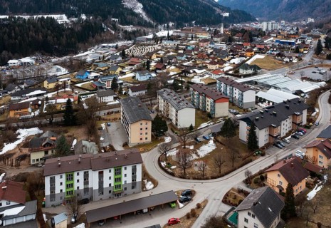 Drone image, residential buildings, view of town, Radenthein, Gegendtal, Carinthia, Austria, Europe