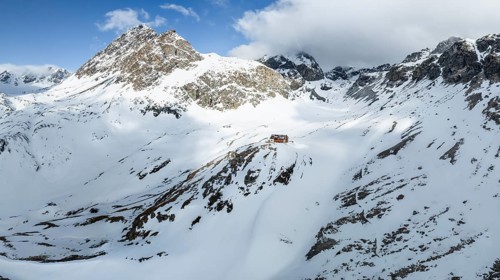 Aerial view, Piz Jenatsch and Piz Picuogl, winter in the mountains, Chamanna Jenatsch CAS, Swiss