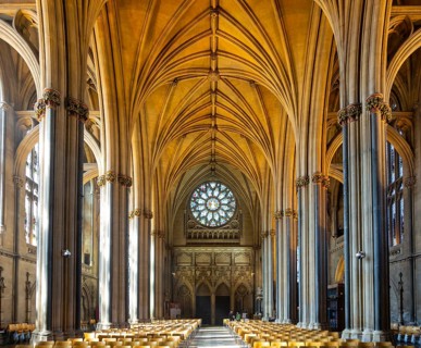 Vaulted roof ceiling inside Bristol cathedral church, Bristol, England, UK