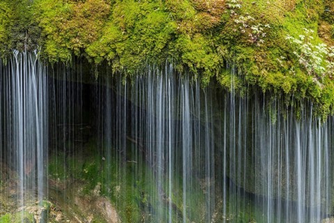 Moss-covered rocks and waterfall, Wutach Gorge, Bonndorf, Baden-Württemberg, Black Forest, Germany,