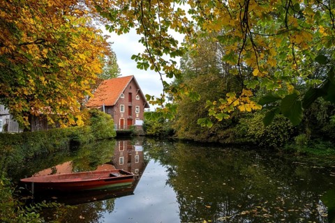 Historic watermill, Düstermühle on the River Dinkel, Legden, Münsterland, North Rhine-Westphalia,