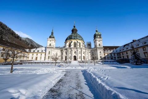 Ettal Abbey, baroque Benedictine abbey, inner courtyard with snow in winter, Ettal, Upper Bavaria,
