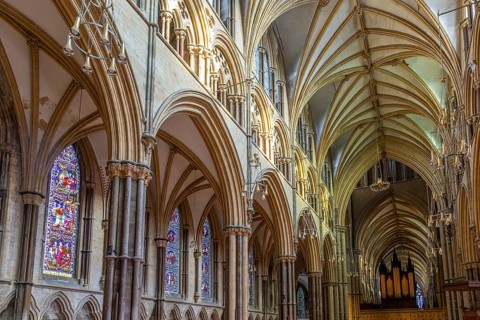 Vaulted nave ceiling roof of medieval Lincoln cathedral interior, city of Lincoln, Lincolnshire,