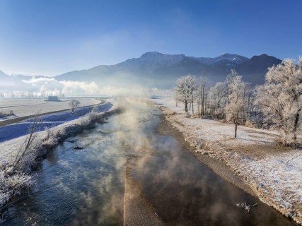 River, morning light, fog, hoarfrost, mountains, winter, snow, aerial view, Loisach, view of