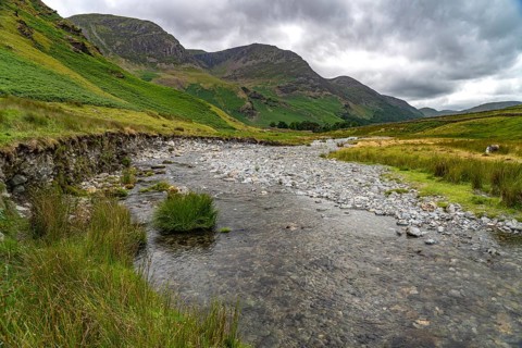 River landscape at Honister Pass in the Lake District, England, Great Britain