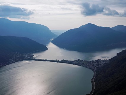 View of Lake Lugano from Monte San Salvatore, Canton Ticino, Switzerland, Europe