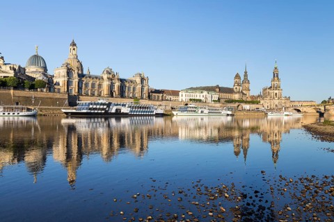 City view with reflection in the Elbe, steamer of the Saxon Steamship Company, Academy of Fine