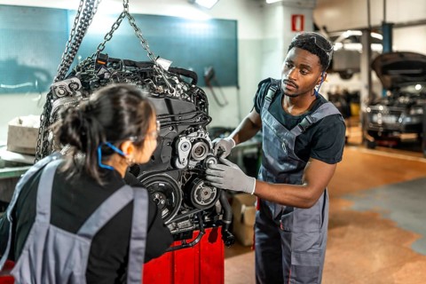 Two focused mechanics examining a car engine hanging from a crane in a professional workshop,