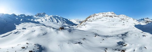 Alpine panorama, aerial view with Kesch hut, Alpine Club hut of the SAC in winter, Albula Alps,