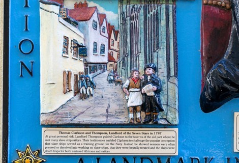 Detail of Thomas Clarkson abolition of slavery plaque, Seven Stars Inn pub, Redcliffe, Bristol,
