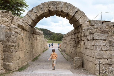 Monumental entrance to the stadium, crypt, ancient ruins of the archaeological site of Olympia,