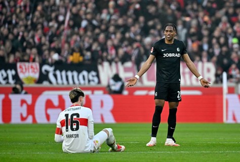 After Junior Adamu SC Freiburg SCF (20) fouls Atakan Karazor VfB Stuttgart (16), Adamu mimes the