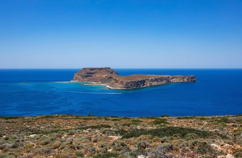 View from the Gramvousa peninsula to the island of Imeri Gramvousa, Kolimbari, West Crete, Crete,