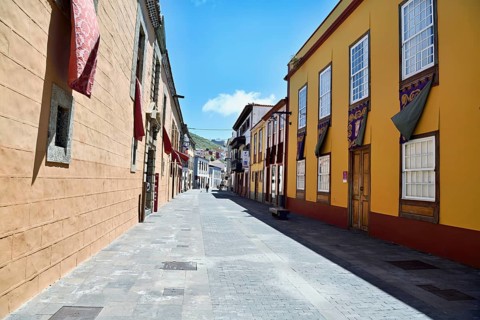 Colourfully painted facades in a quarter of the city, San Cristóbal de La Laguna, Tenerife, Canary
