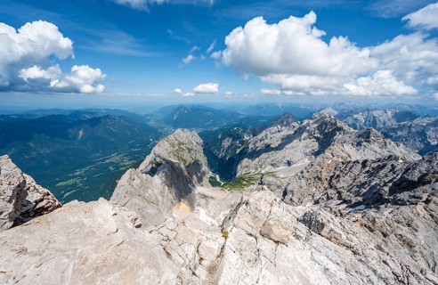 Rocky steep mountain landscape, mountain panorama from the summit of the Zugspitze, view of the