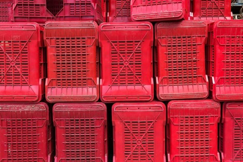 Rows of stacked red heavy duty plastic crates for transporting fruit and vegetables to processing