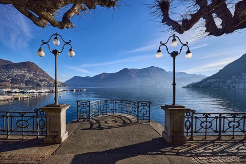 Lake, lakeside promenade, lanterns, trees, railings, mountains, haze, shadow, backlight, Lake