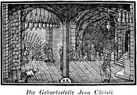 Church at Bethlehem, the birthplace of Jesus Christ, cellar grotto of the manger, woodcut,