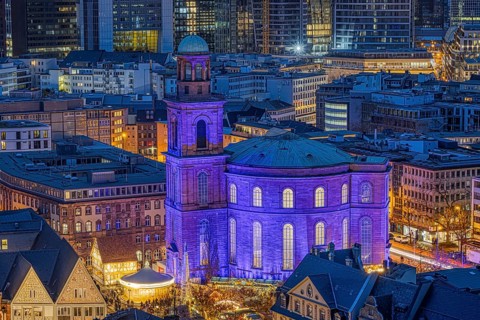 St Paul's Church in Frankfurt am Main will be illuminated in blue on 10 December 2023,