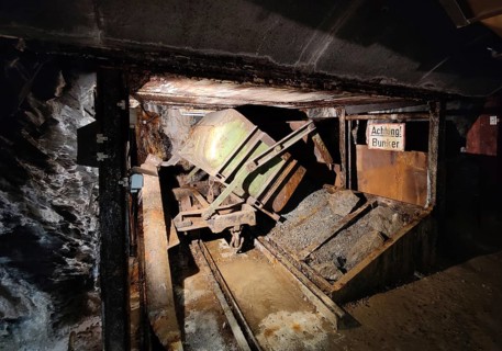 Underground with the sign Achtung Bunker in the Rammelsberg ore mine, UNESCO World Heritage Site,