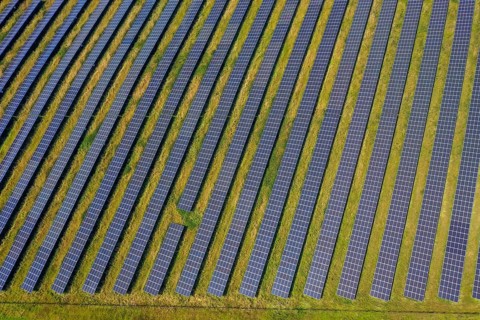 Dortmund, North Rhine-Westphalia, Germany, Deusenberg solar park. The ground-mounted system is