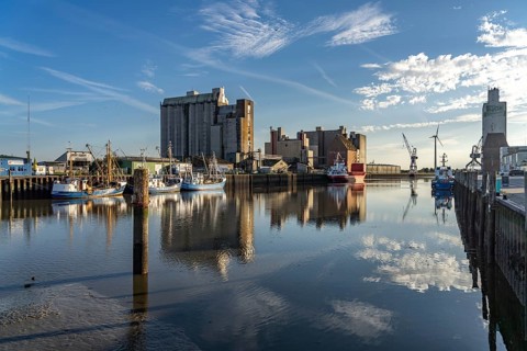 Cutter in the harbour in Husum, Nordfriesland district, Schleswig-Holstein, Germany, Europe