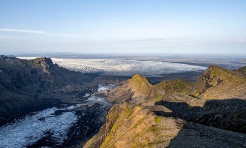 Impressive landscape with mountains and glaciers in the evening light, glacier tongues Huldujökull