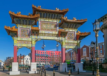 Chinese Paifang or Pailou archway entrance to Chinatown, Nelson Street, Liverpool, Merseyside,