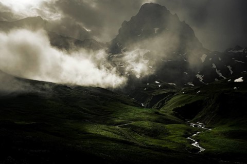 Peaks in the morning light and alpine landscape with dramatic clouds, Lech, Lechquellengebirge,