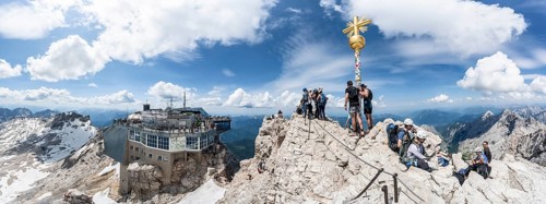 Panorama, view of the Zugspitzplatt, tourist summit of the Zugspitze with golden summit cross and
