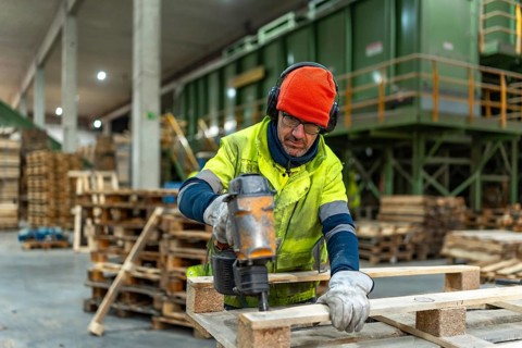 Man worker using compressed air gun to repair pallets in a recycling plant