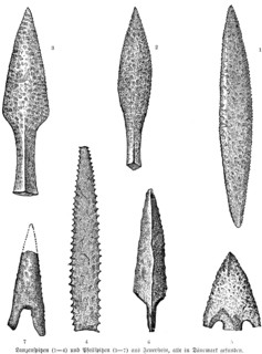 Flint weapons, spearheads (1-4) and arrowheads (5-7), archaeology, Stone Age, history of
