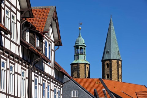 The two unequal towers of the Protestant-Lutheran market church of St Cosmas and Damian in the old