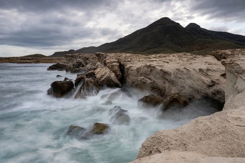 Waves on rocky coast, Playa Los Escullos, Cabo de Gata, Los Escullos, Playa del Arco, El Arco