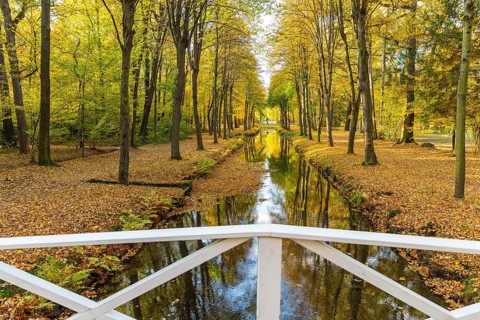 Bridge over the castle moat in autumn, park of Hermsdorf Castle, Ottendorf-Ockrilla, Saxony,