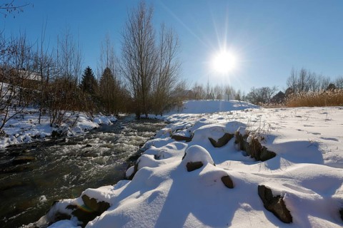 Dortmund, North Rhine-Westphalia, Germany - Sunny winter landscape in the Ruhr area, ice and snow