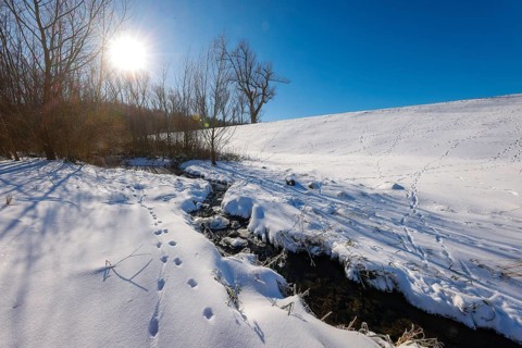Bochum, North Rhine-Westphalia, Germany - Sunny winter landscape in the Ruhr area, ice and snow on