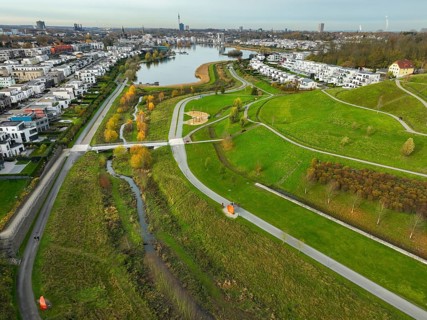 Dortmund, North Rhine-Westphalia, Germany, Phoenix Lake, front of the renaturalised Emscher. The