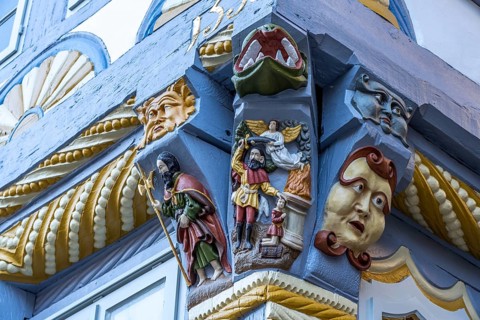 Detail of the Stiftsherrenhaus in the old town centre of Hameln, Lower Saxony, Germany, Europe