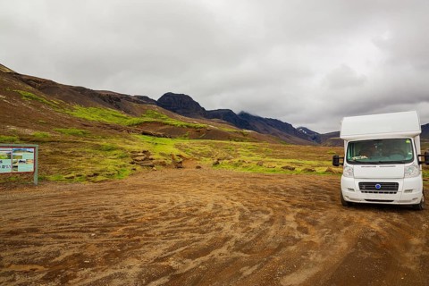 Camping car parking at Laugarvatnsvellir. Laugarvatnsvellir are dry flatlands to the east of