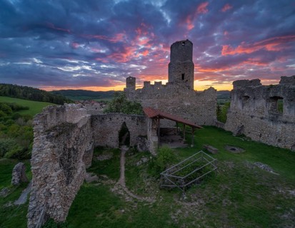 Brandenburg castle ruins at sunset, dramatic cloudy atmosphere, Lauchröden, Wartburgkreis,