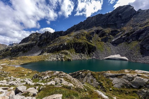Lake Sassolo, Lago di Sassolo, behind Ticino mountains, Sambuco valley, Vale Sambuco, near Fusio,