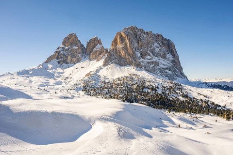 Beautiful landscape of the Mountain silhouettes of the Sexten Dolomites on a sunny winter day,