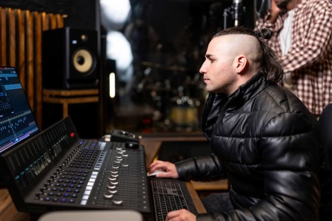 Sound engineer mixing music track using professional audio equipment in a recording studio