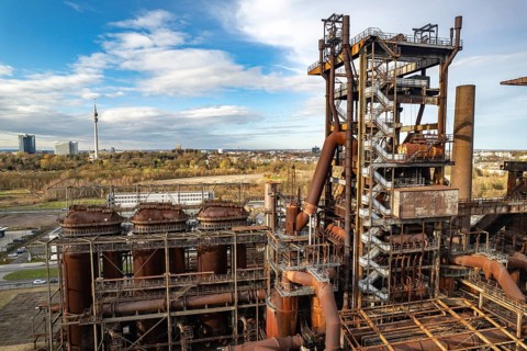 Industrial ruins of the Phönix West blast furnace works in Dortmund seen from the air, North
