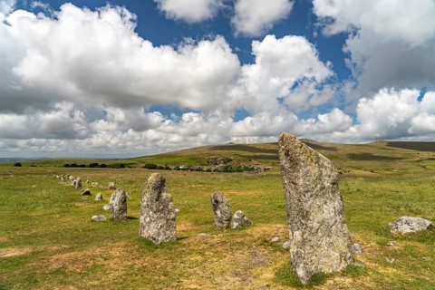 Stone row of the megalithic complex of Merrivale, Dartmoor, Devon, England, Great Britain